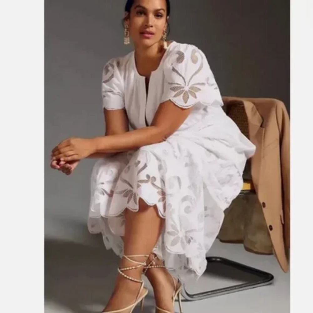 Anthropologie White Embroidered Midi Dress